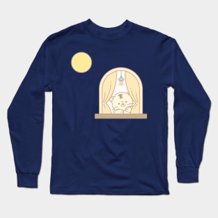 A cute cat character looks at the night sky. Long Sleeve T-Shirt